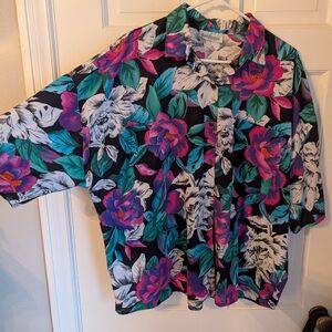 Large Vintage Hawaiian Floral Shirt - Teal Pink Black